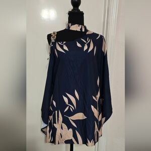 Navy and Cream Leaf Print Poncho Top
